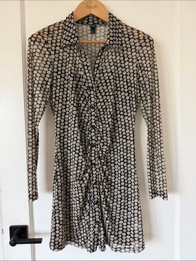 wild fable Black Long-Sleeve Floral Ruched Button-Front Dress with Beige Flowers
